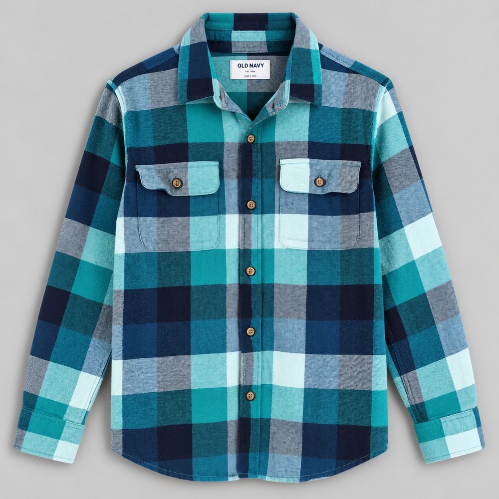 Old Navy Kids XL 14-16 Teal Blue Plaid Flannel Button Down Shirt Long Sleeve